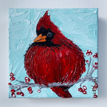 *Fluffy Red Cardinal painting, 6"x6"