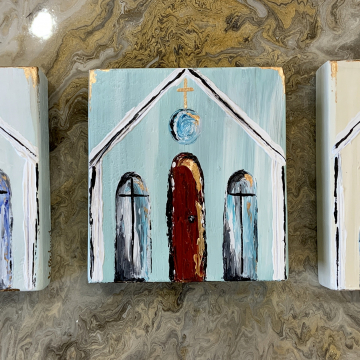 church painted on wood, heavy texture, 6"x6"