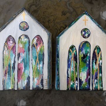 Church on painted wood, Heavy Texture Painting 6"x8", hand painted on wood