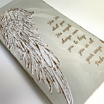 *Angel Wings on canvas, texture paint, gold, white, beige, Psalm 91, 10x20