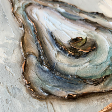 Oyster Shell Knife Painting no.4, The Louisiana Collection, 6"x6", gold leafing with heavy texture, neutral