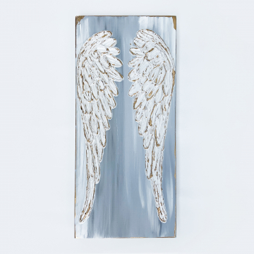 Angel Wings, heavy texture, hand painted, 8x16 on wood, gold metallic, whites and grays