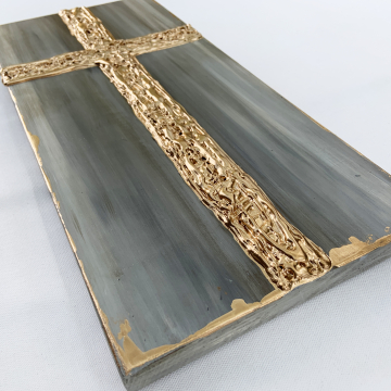 Cross, 8x16 on wood, heavy texture, gold metallic and grays