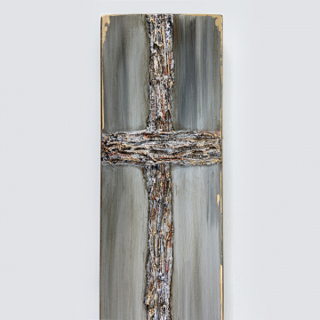 Cross, heavy texture, hand painted, 8x16 on wood, 4x16, grays, blues, copper, gold