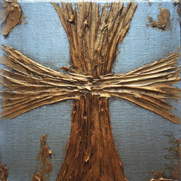 Aged Silver and Gold Cross Knife Painting 6"x6", hand painted
