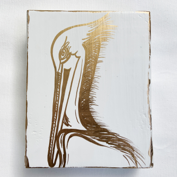 Pelican, hand painted on wood, white and gold, 6x8