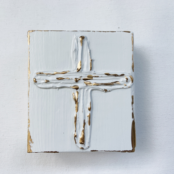 Cross, heavy texture on wood, 4x4, hand painted, white and gold