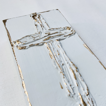 White and Gold Cross on painted aged wood, Heavy Texture Painting 4"x6", hand painted