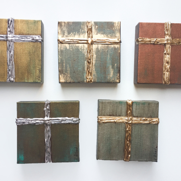 Gold Cross on Aged Bronze, Heavy Texture Knife Painting 6"x6", hand painted 2