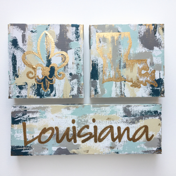 Gold Louisiana State Knife Painting Set, fleur de lis, 6"x6", gold leafing