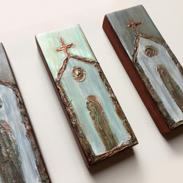 Church on painted wood, Heavy Texture Painting 4"x12", hand painted on wood