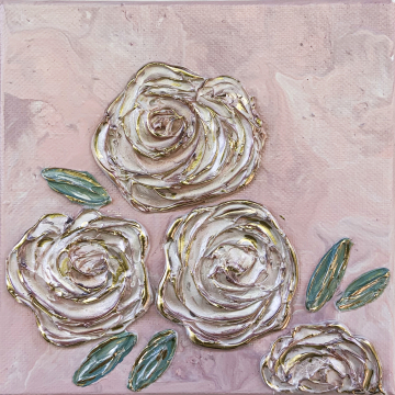 Spring Floral no.5, 6x6, pink acrylic poor with heavy texture flowers, gold accents, hand painted