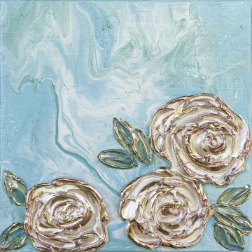 Spring Floral no.4, 6x6, blue acrylic poor with heavy texture flowers, gold accents, hand painted