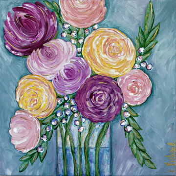 *Spring Floral no.1, 10x10, bright colors with gold accents, hand painted