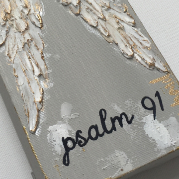Angel Wings on canvas, texture paint, gold, white, Psalm 91, 4x12