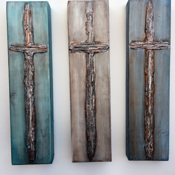 Heavy texture paint aged cross on wood, 4x12