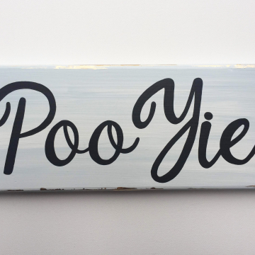 Poo Yie, wood sign, white and gold, 6x12