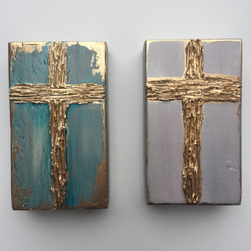Gold Cross on painted wood, Heavy Texture Painting 4"x6", hand painted