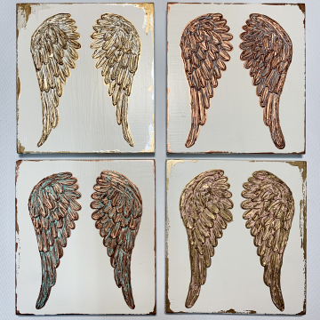 Angel Wings on wood, texture paint, gold, white, 8x8