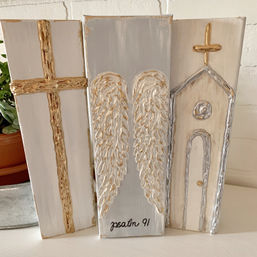 Gift Trio Set, Cross, Wings and Church, hand painted heavy texture