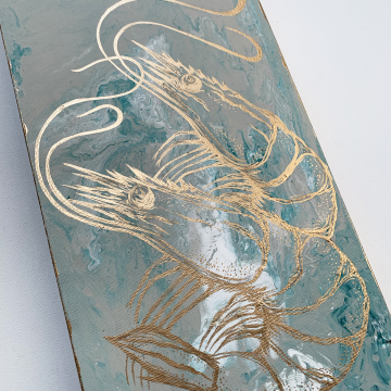 *Shrimp painting, hand painted, gold, white, green, taupe, 10x20