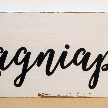 Lagniappe, wood sign, white and gold, 6x14